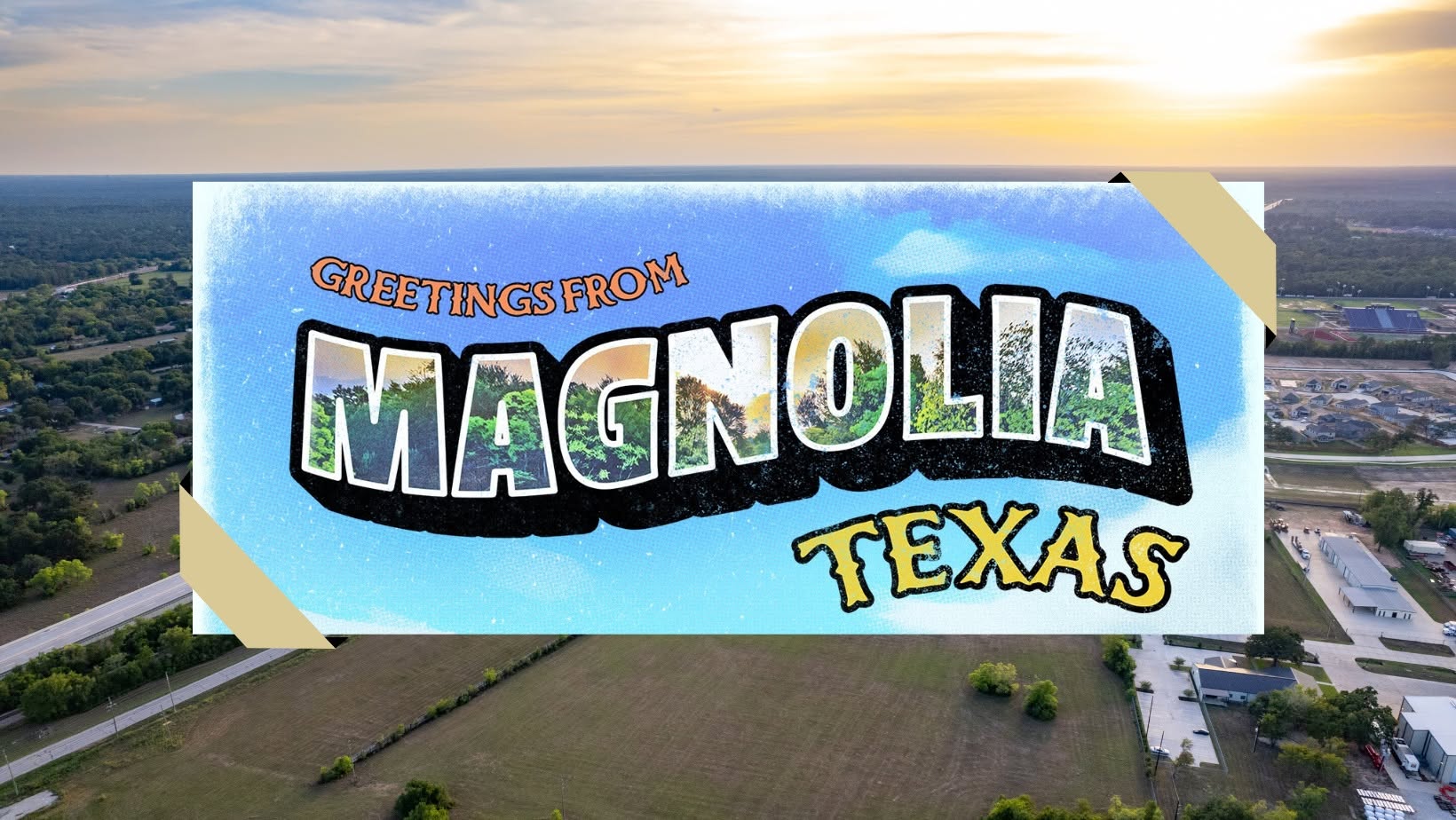 A postcard with Greetings from Magnolia Texas overlaid on an aerial view of a rural area.